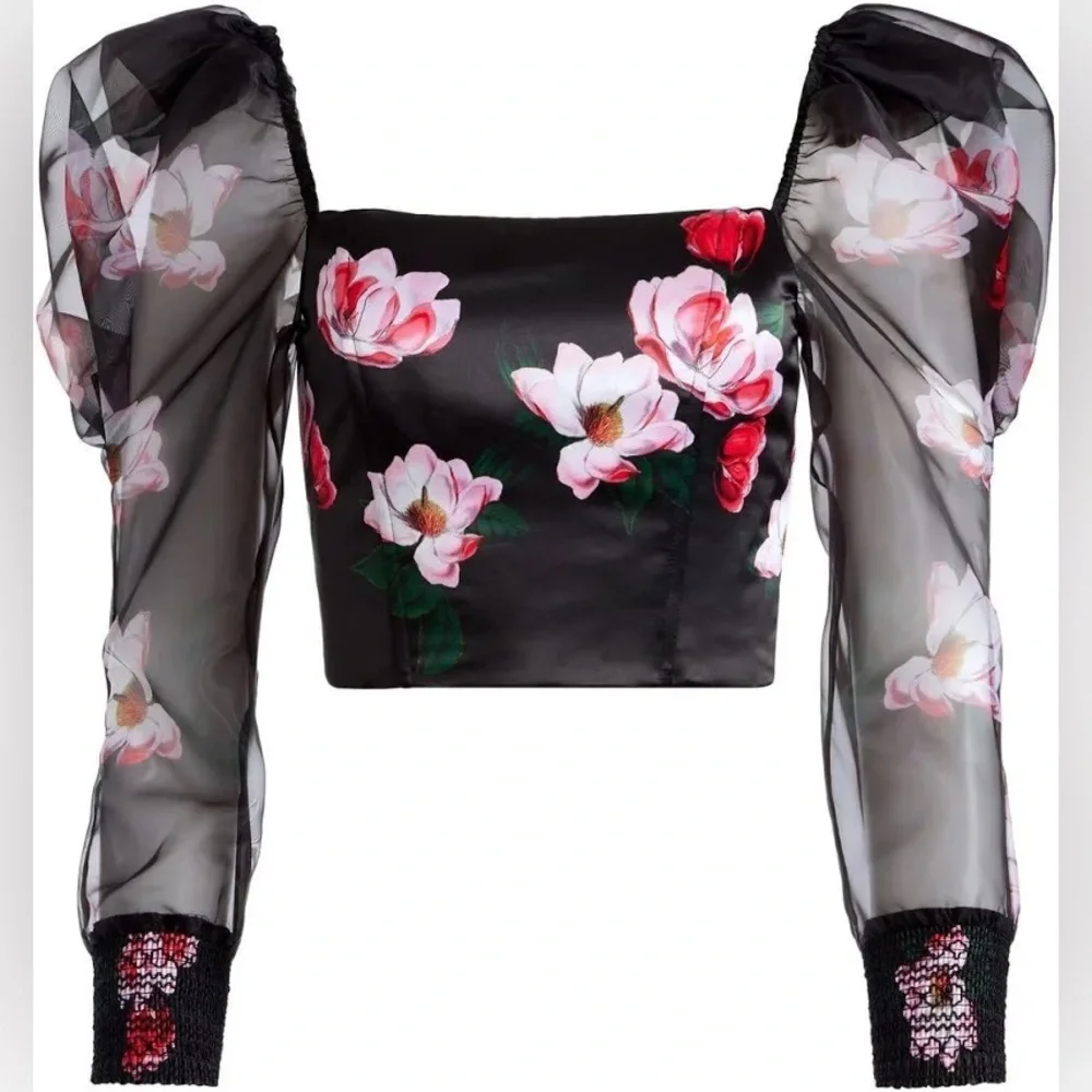 Alice + Olivia Floral Puff Sleeve Sheer Crop Top - Picture 3 of 11